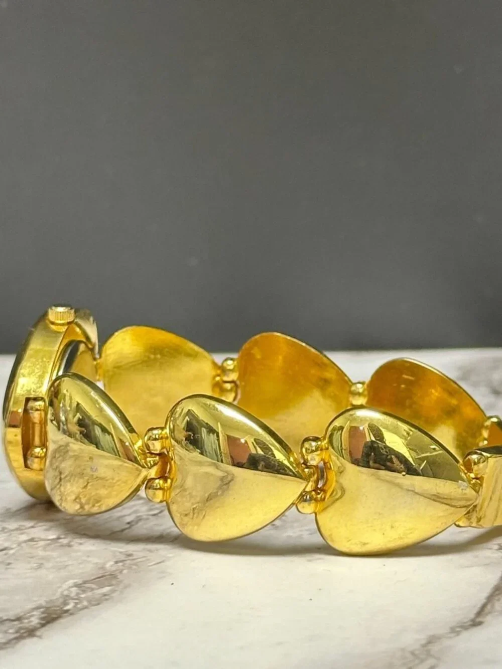 Vintage Heart Watch Women Gold Tone White Dial Chunky Statement 6.75